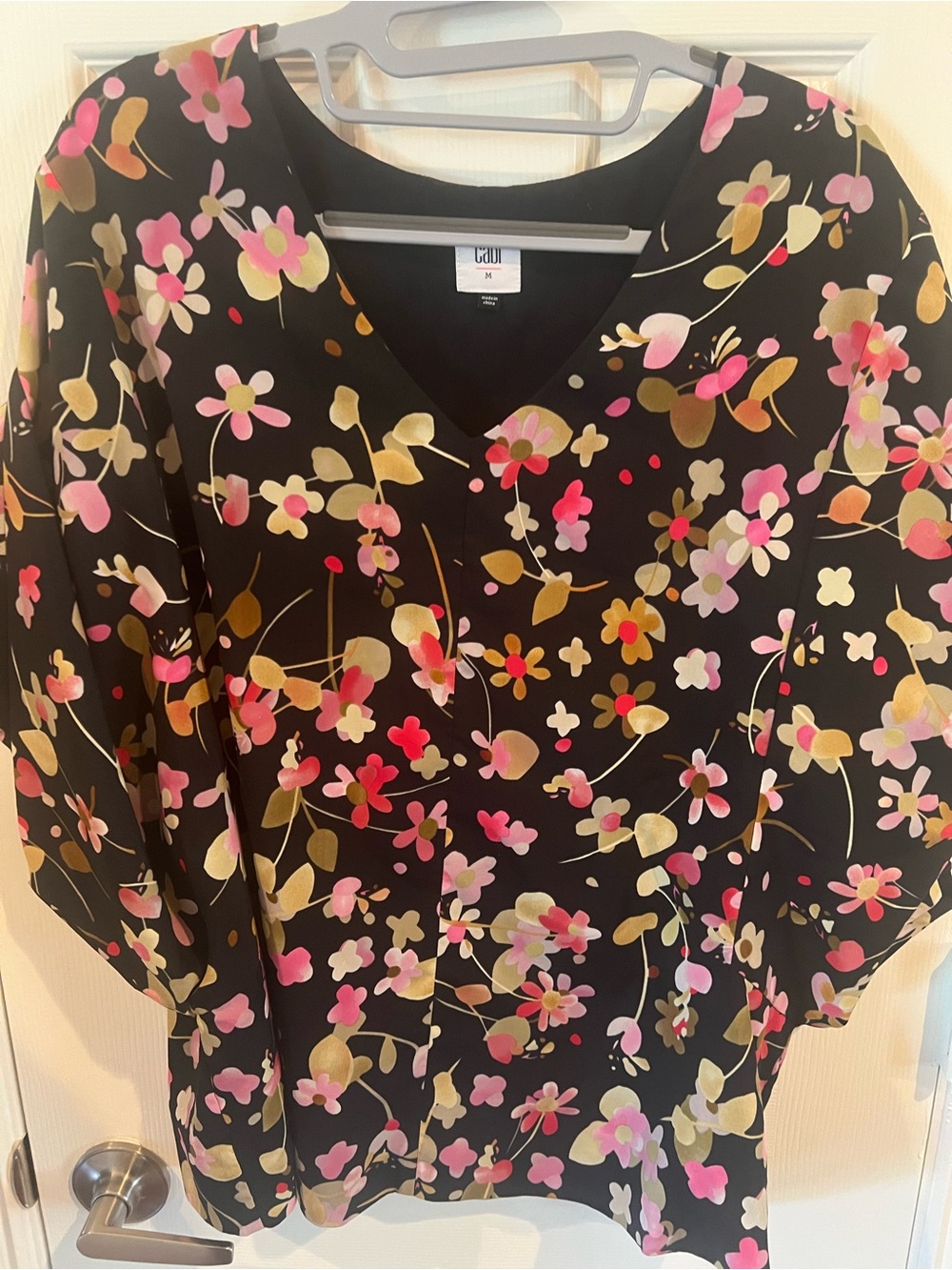 CAbi Black Floral V-Neck Blouse with Pink, Sage and Golden Straw colors